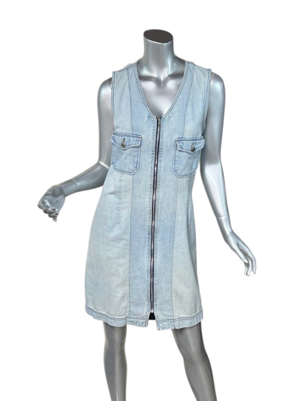 Vintage Bill Blass Blue Denim Distressed Zip Front Dress Sleeveless 10 Medium